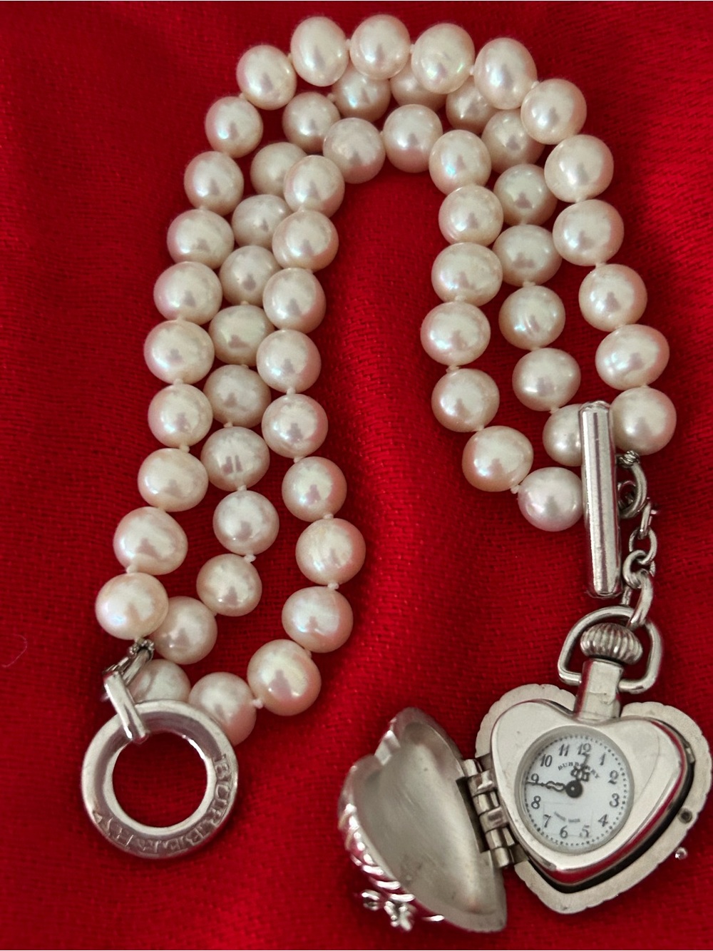Fresh Water Pearl Beaded Sterling Silver Heart Locket Watch -